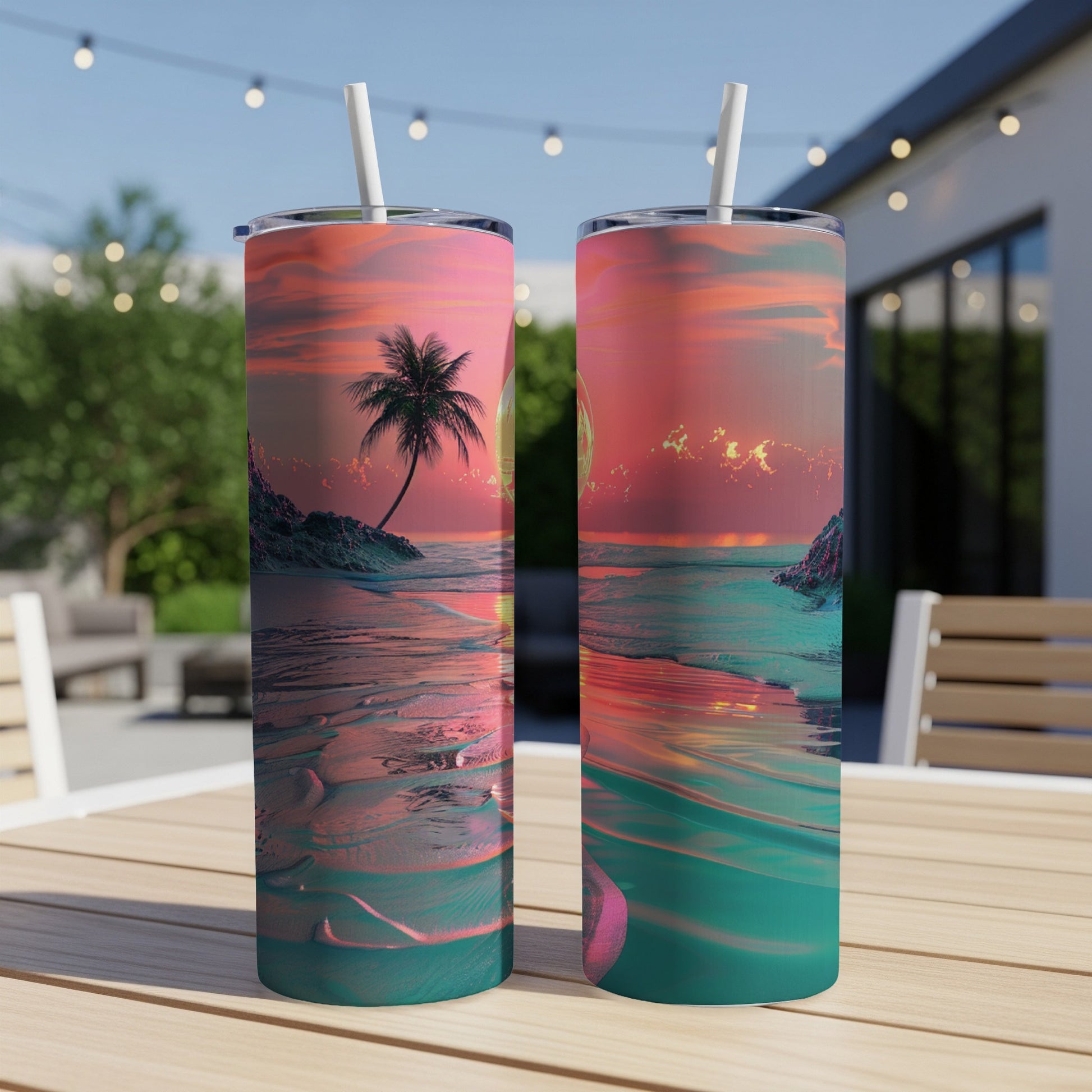Two tumblers with a sunset beach design sit on a wooden table.