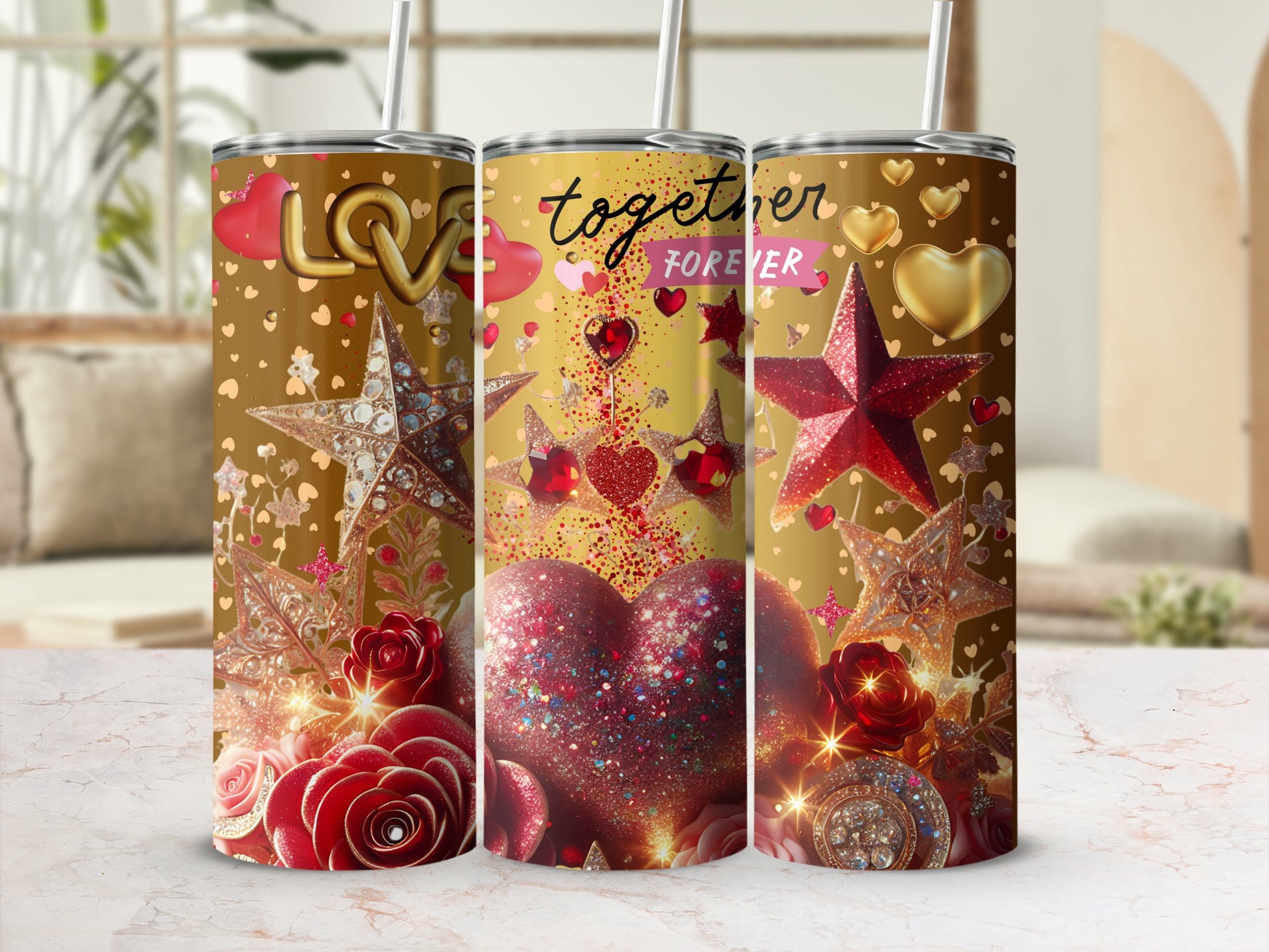 Glittery Love Hearts and Stars Tumbler Design