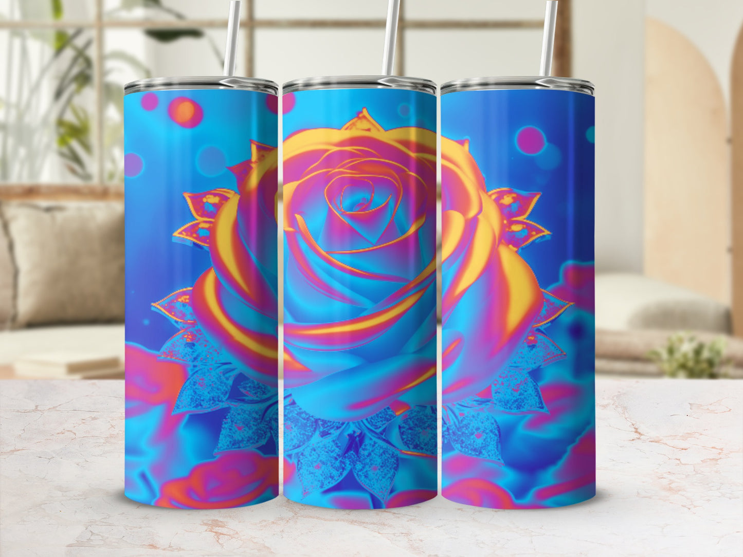 Blue and pink psychedelic rose design on three tumblers.