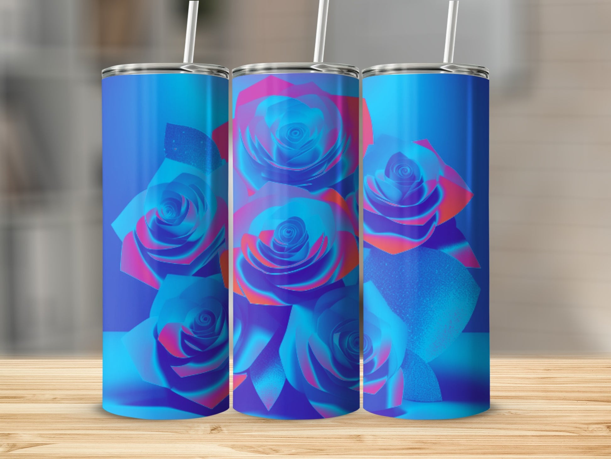 Blue tumbler with holographic rose design and straws.