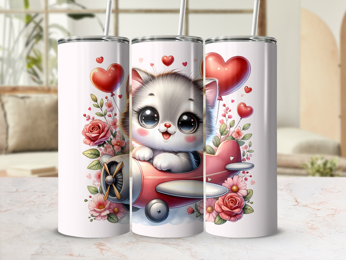 Cartoon kitten in a pink airplane with hearts and flowers design on a tumbler.