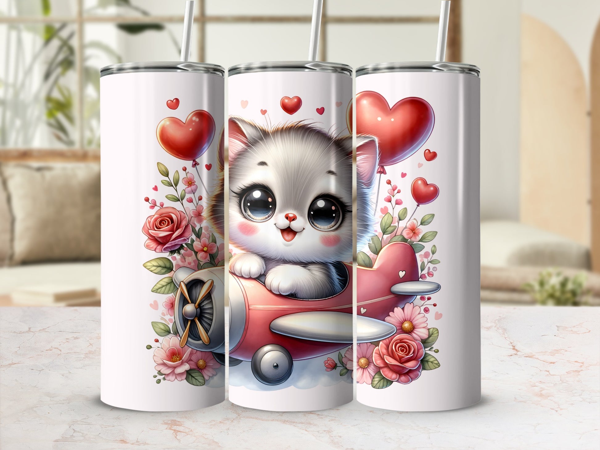 Cartoon kitten in a pink airplane with hearts and flowers design on a tumbler.