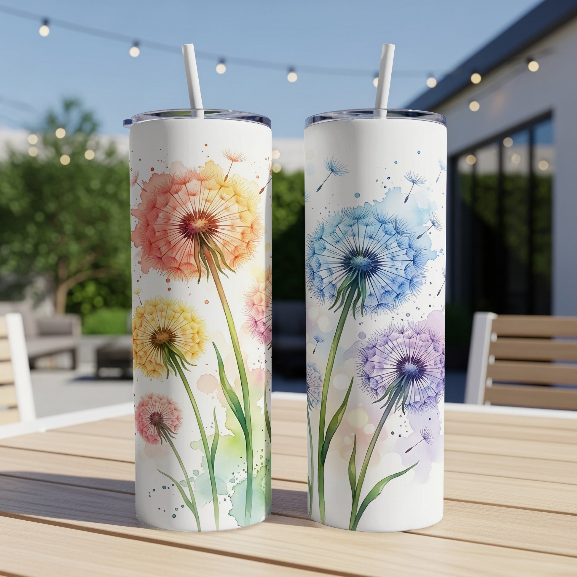 Two tumblers with watercolor dandelion designs, one pink and yellow, one blue and purple.