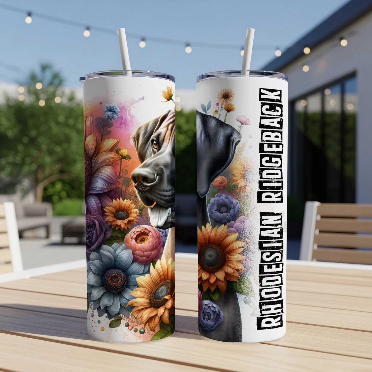 Rhodesian Ridgeback tumbler with colorful floral design and dog portrait.