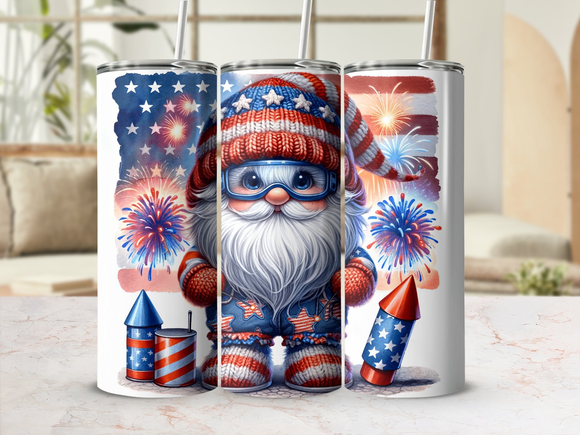 Gnome with fireworks and American flag design on a tumbler.
