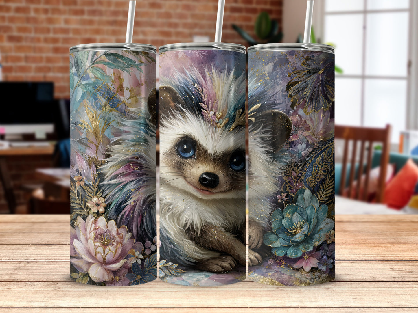 Adorable Hedgehog in Floral Design Tumbler Cup