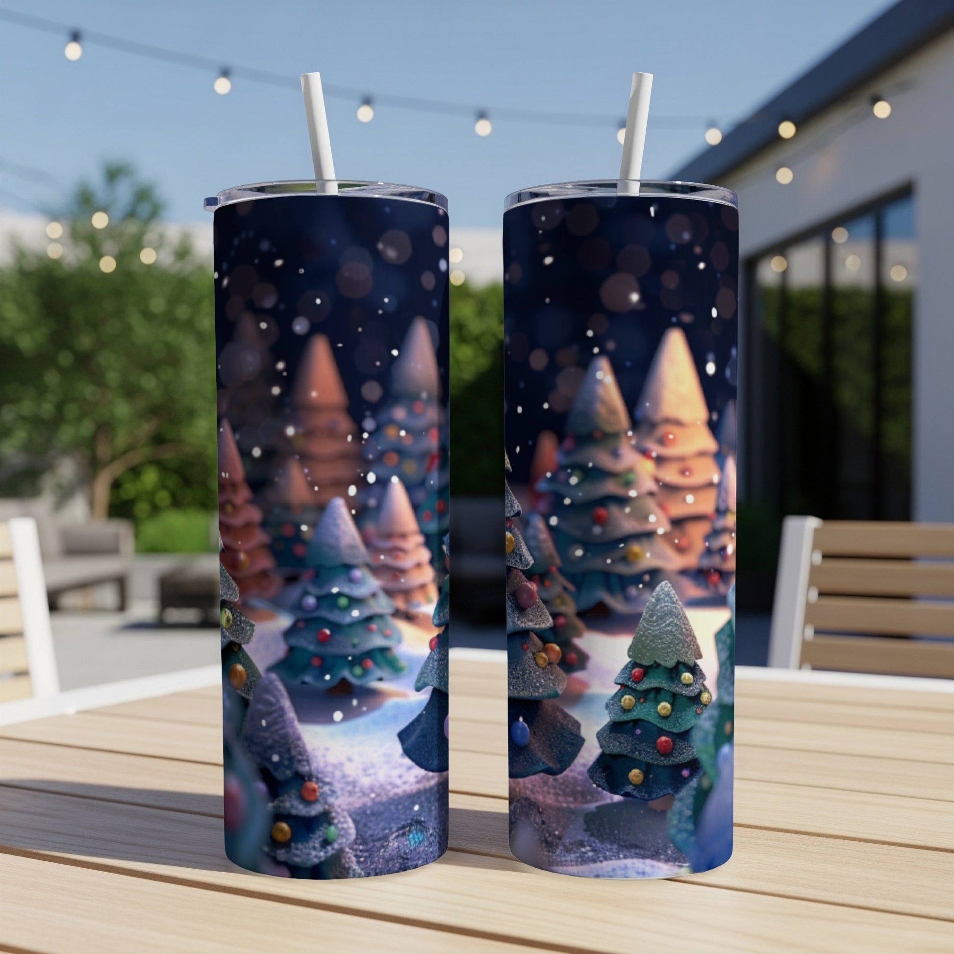 Two festive tumblers with a whimsical snowy Christmas tree scene.