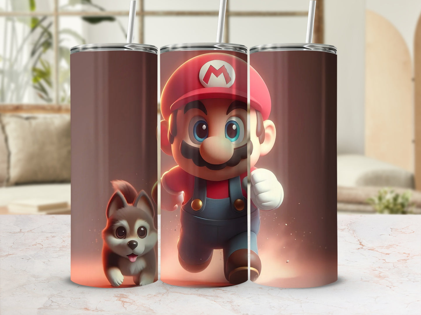 Mario Running with Dog Design Tumbler Cup