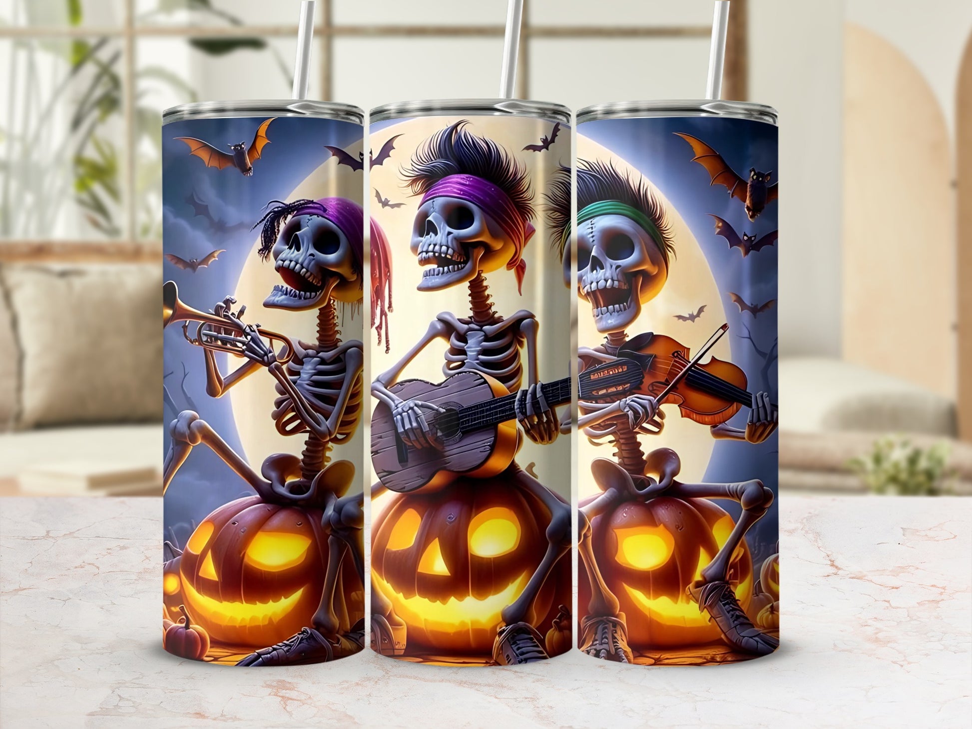 Three skeletons playing instruments on pumpkins with bats in the sky.