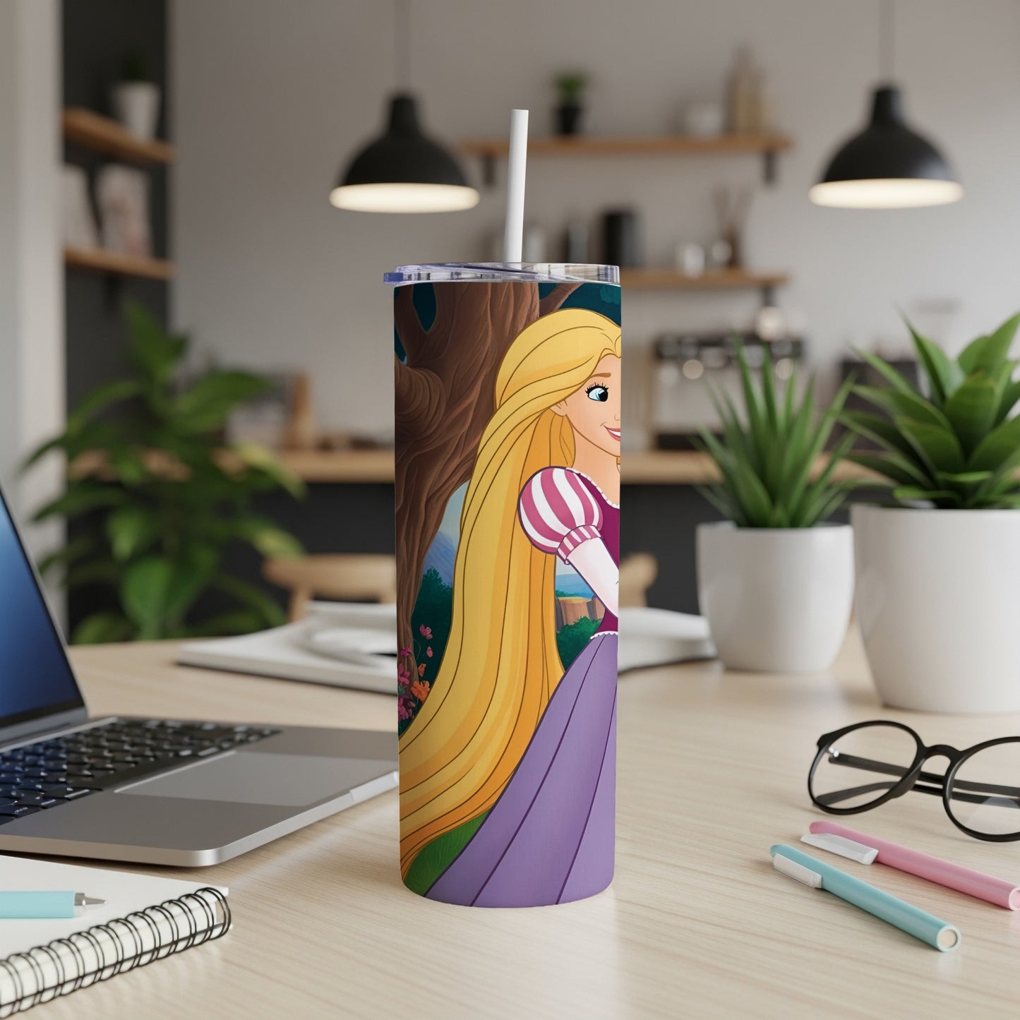 Rapunzel from Tangled on a purple tumbler with a straw.