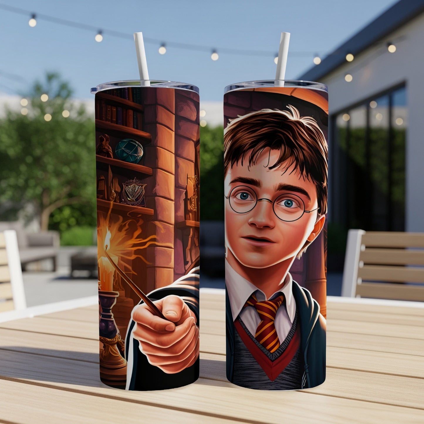 Harry Potter character holding wand, set against a bookshelf background.