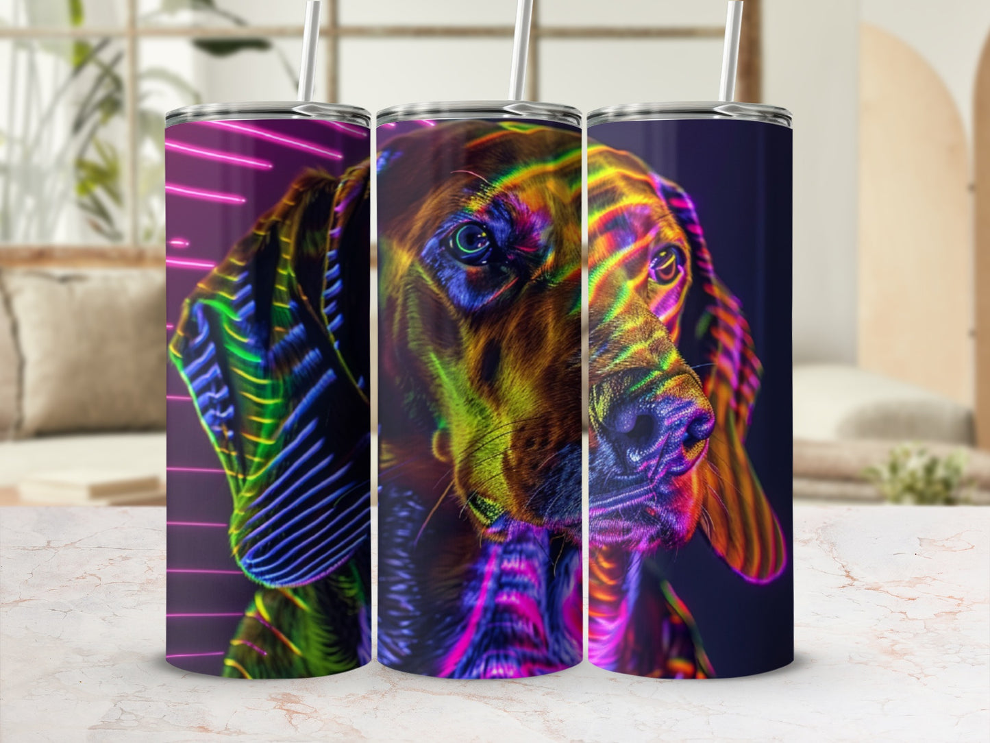 Close-up of a dog's face with neon abstract art overlay.