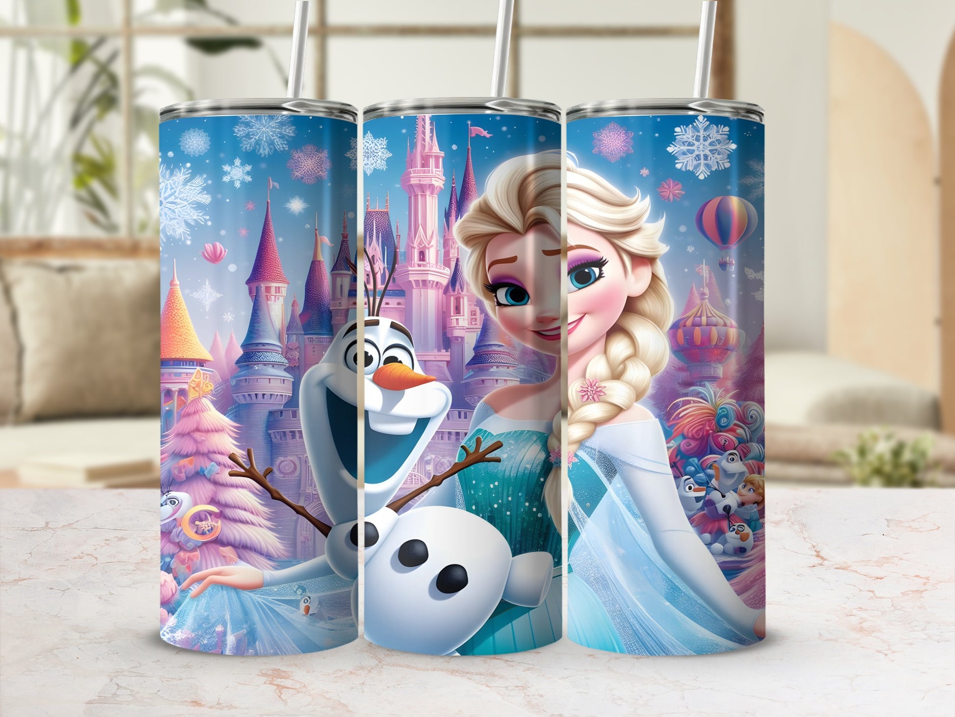 Elsa and Olaf from Frozen on a tumbler with a castle background.