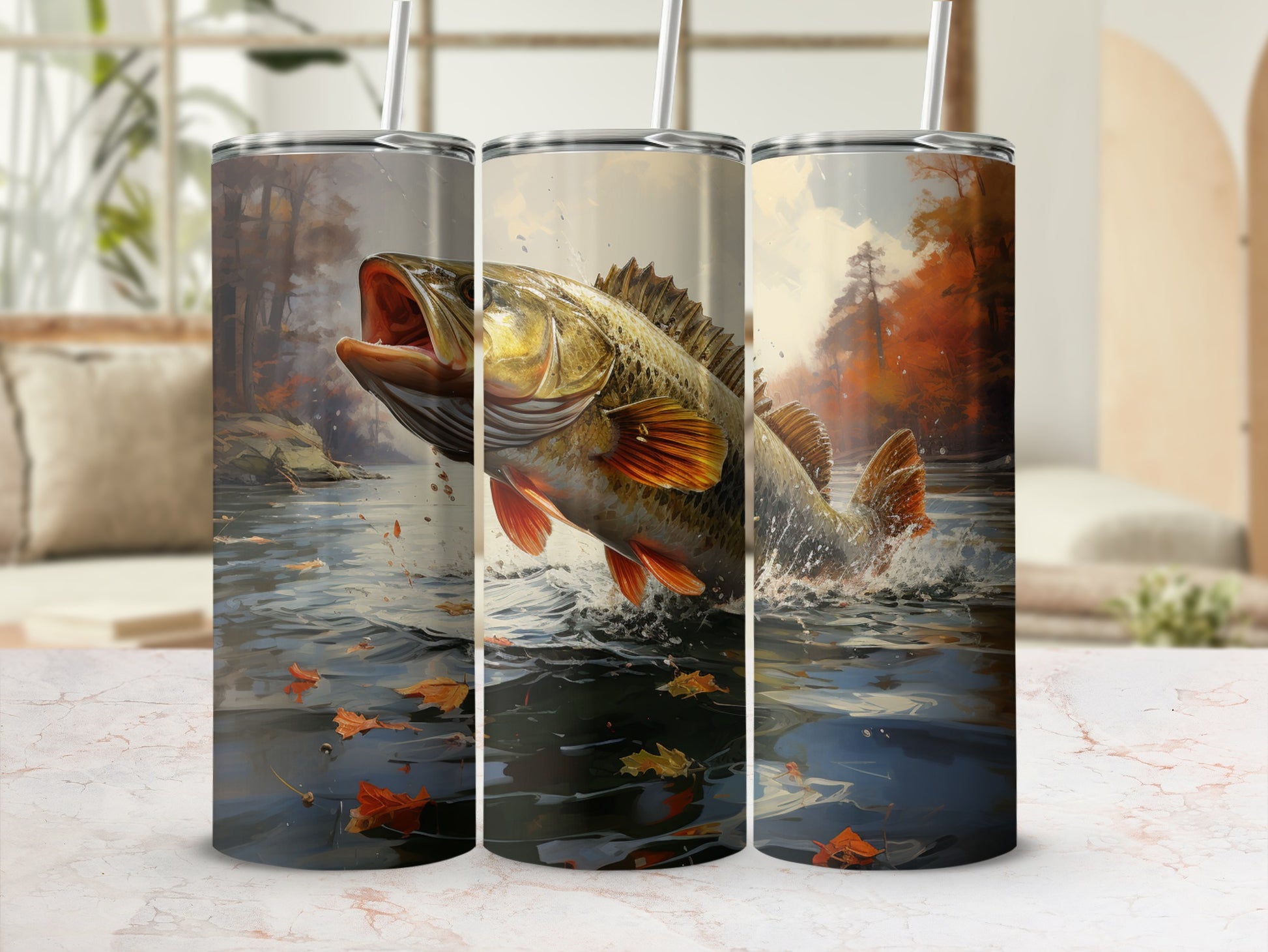 Large mouth bass jumping out of water with autumn leaves.