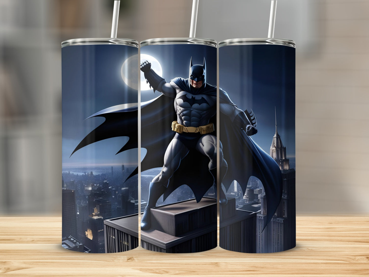 Batman standing heroically on a skyscraper at night.