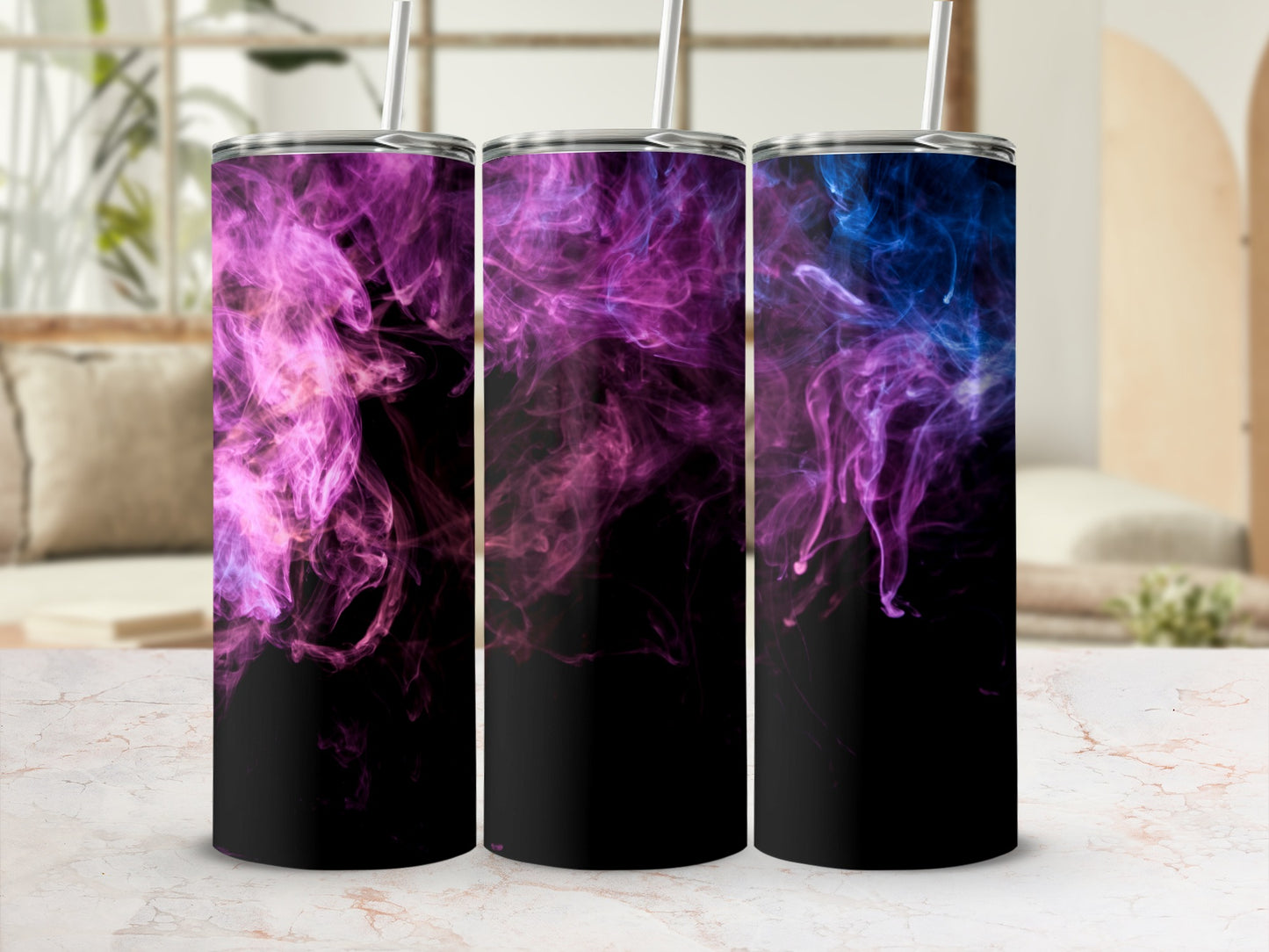 Three tumblers with swirling purple and blue smoke designs.