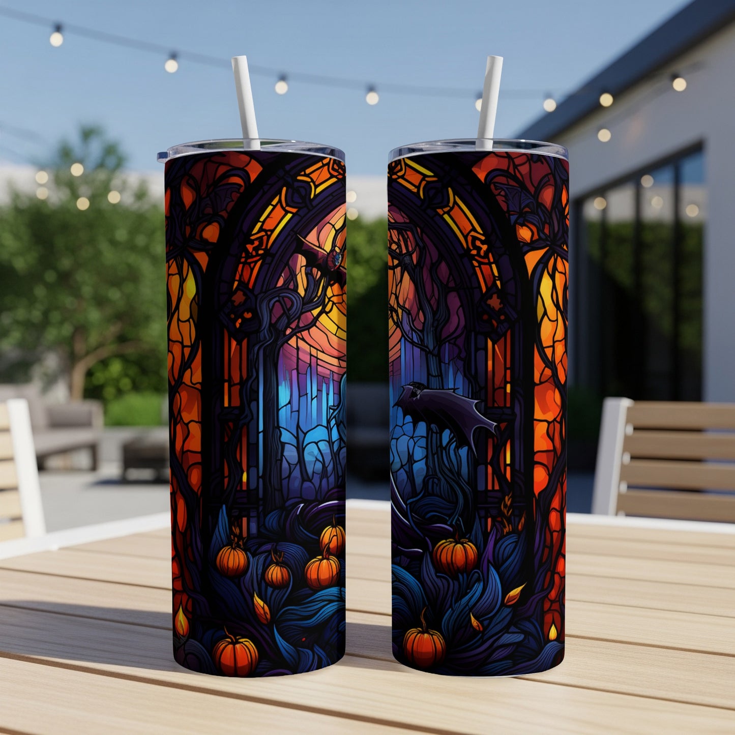Halloween stained glass tumbler with bats and pumpkins.