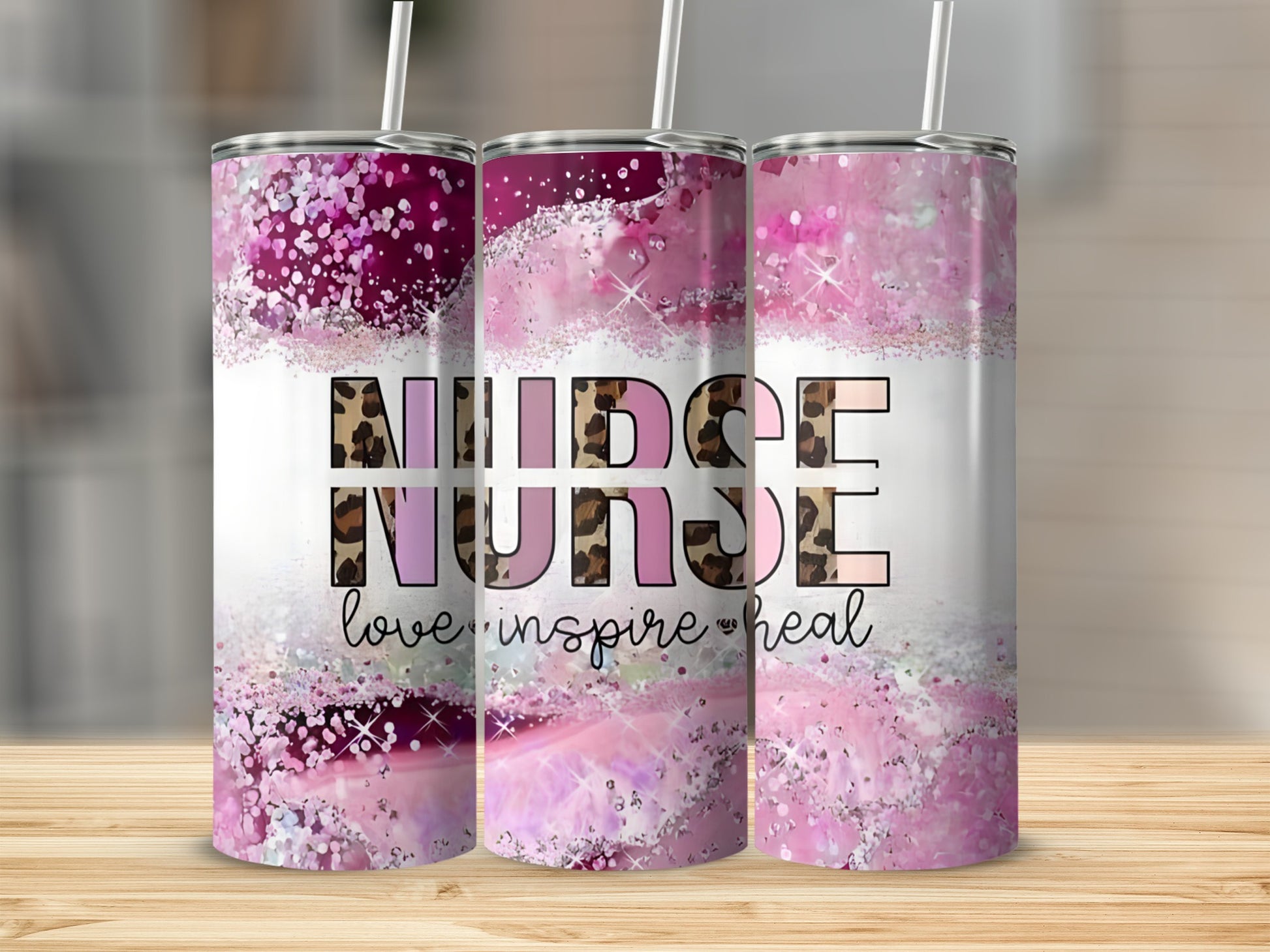Nurse tumbler with leopard print letters and glitter accents.