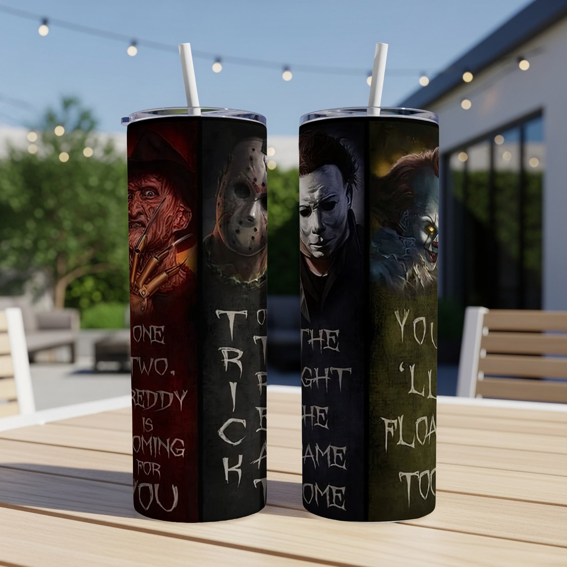 Halloween movie villains Freddy, Jason, Michael Myers, and Pennywise on a black tumbler.