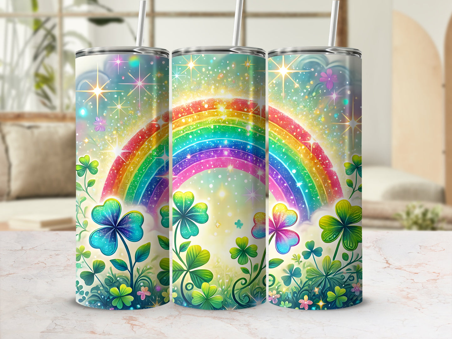 Tumbler with rainbow, shamrocks, and glitter accents.