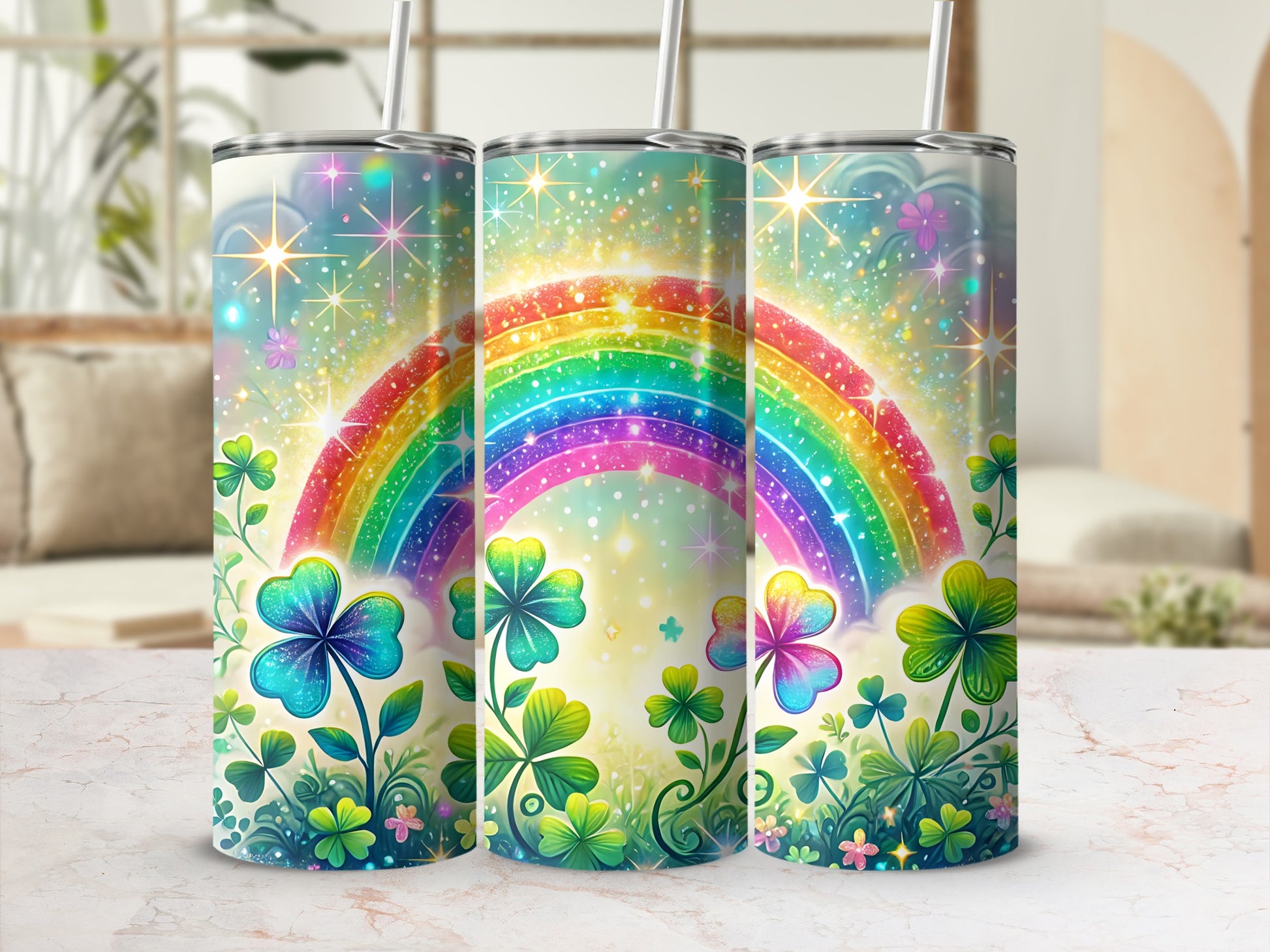 Tumbler with rainbow, shamrocks, and glitter accents.