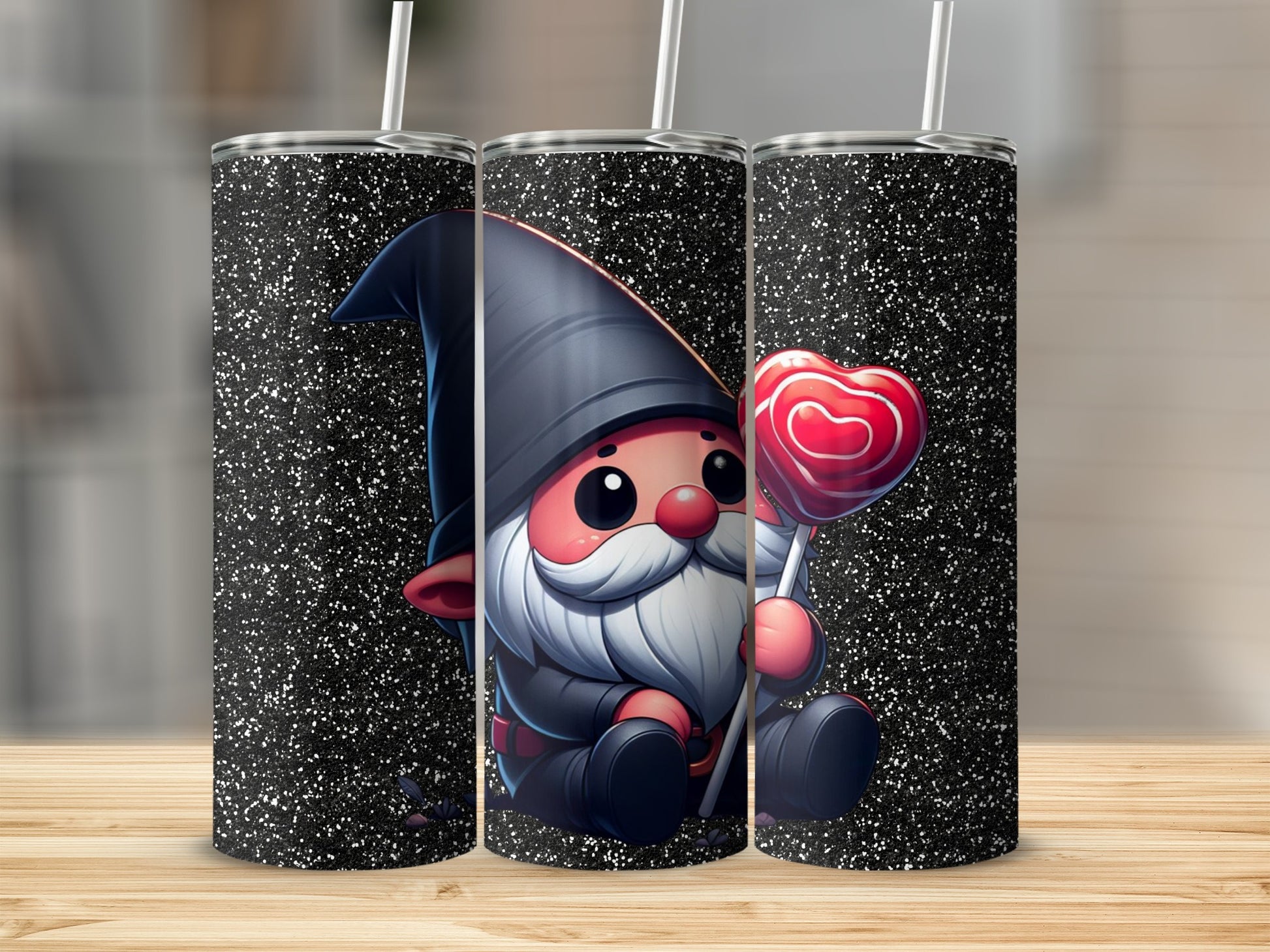 Cute Gnome with Heart Lollipop Black Glitter Tumbler