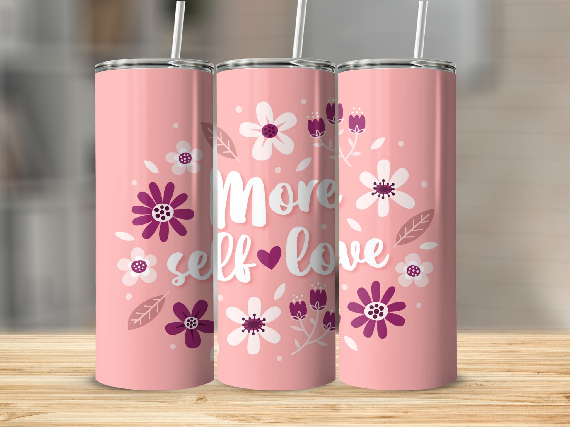 Pink Tumbler with Self Love Floral Design Travel Mug