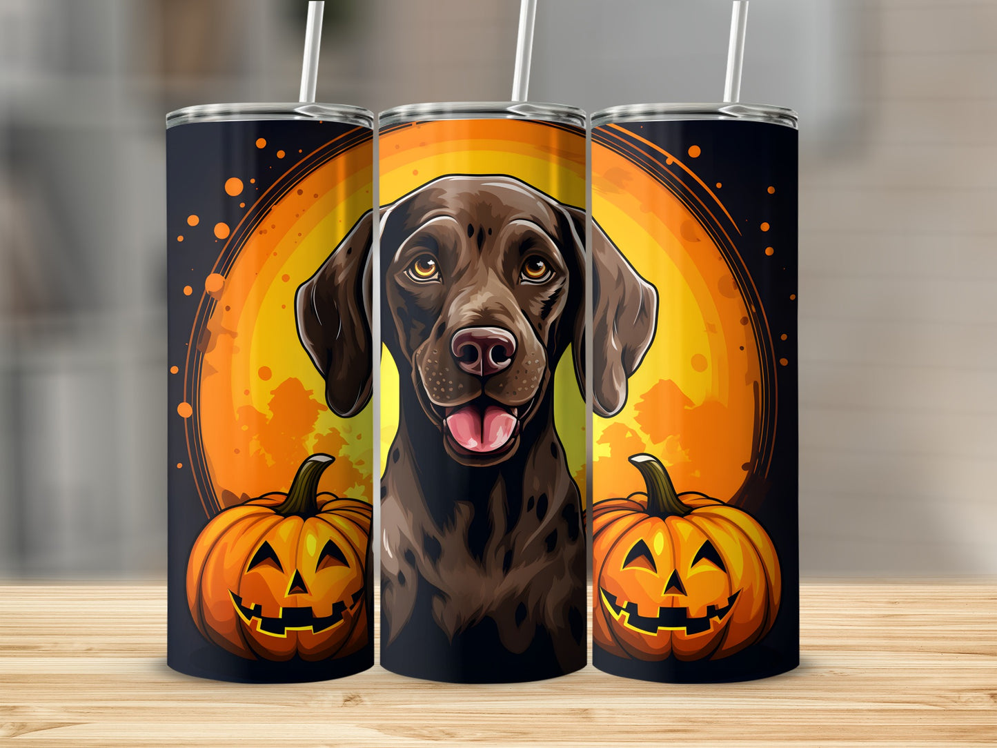 Three tumblers with a German Shorthaired Pointer, jack-o'-lanterns, and a full moon.