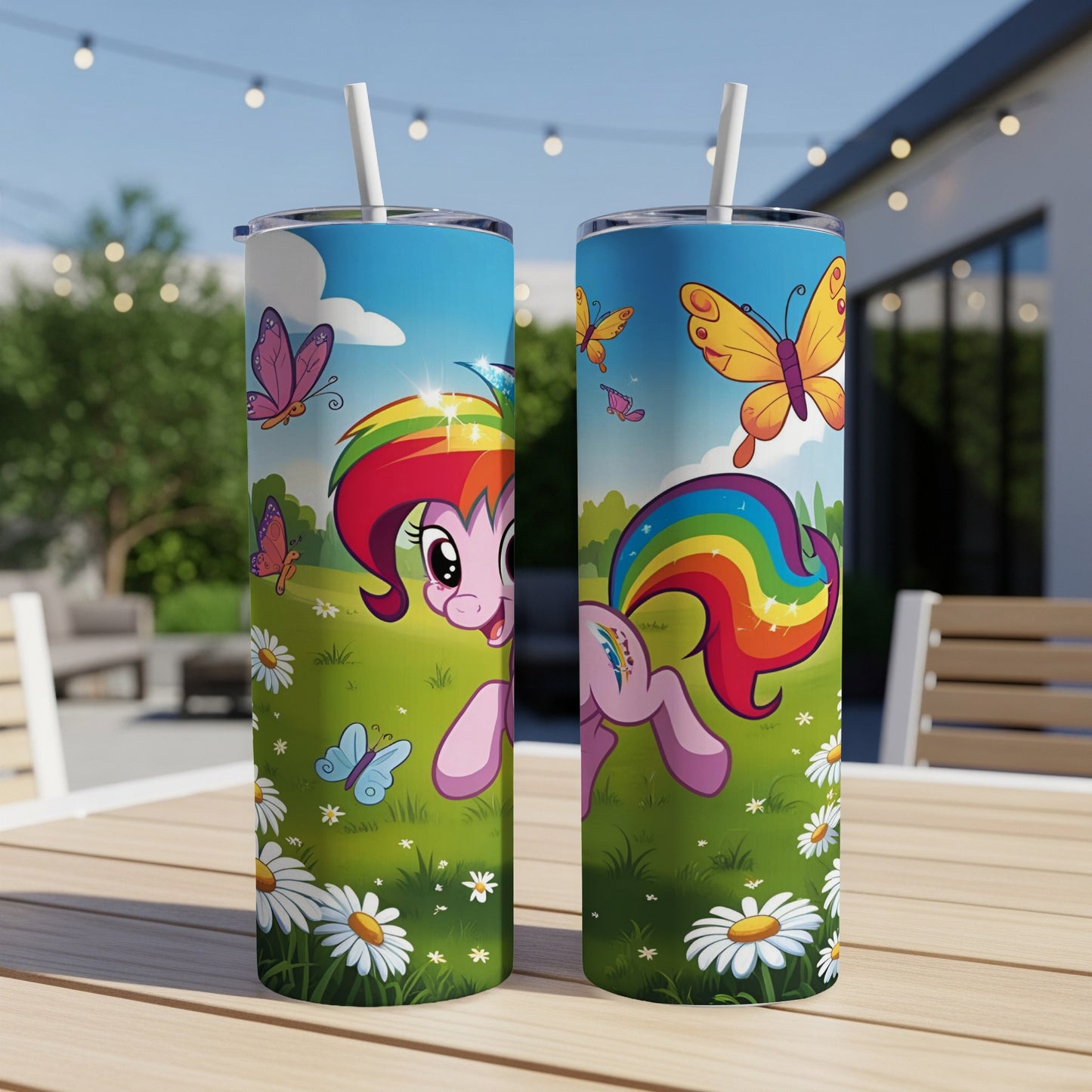 Rainbow Dash from My Little Pony on a grassy field with butterflies.