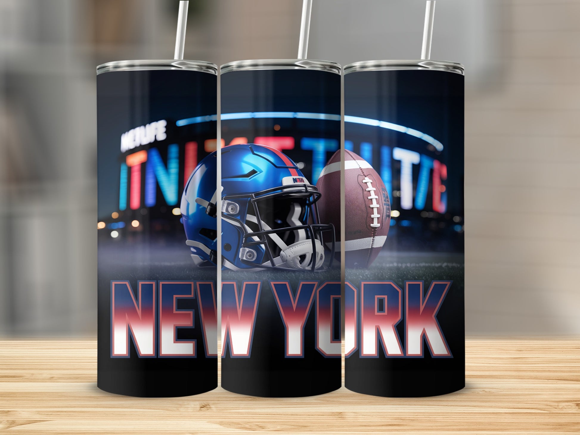 New York Giants football helmet and ball on stadium background, tumbler design.