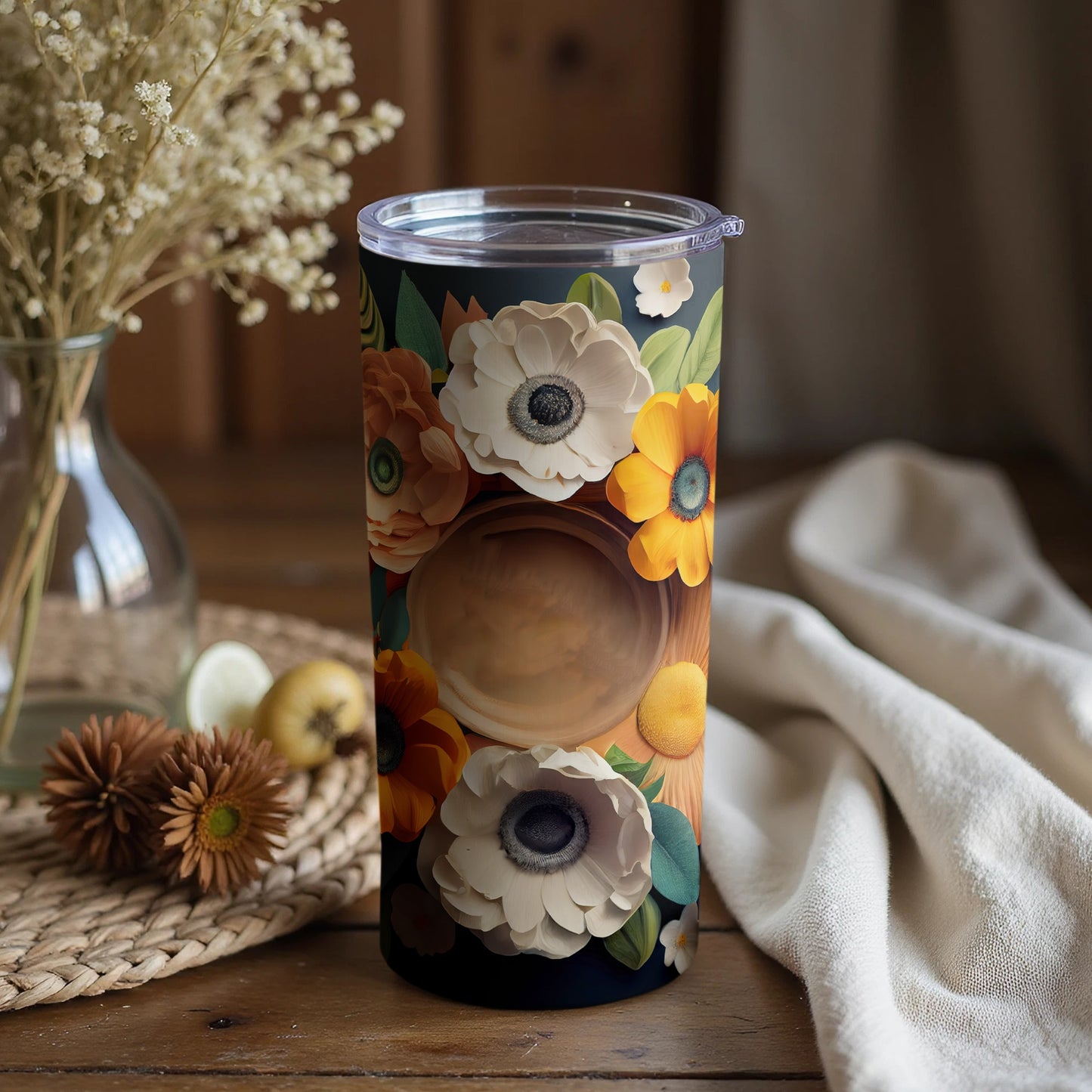 Floral Pattern Insulated Tumbler with Lid for Beverages
