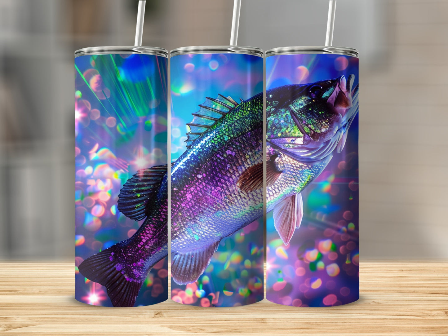 Three tumblers with iridescent bass fish designs and bokeh background.