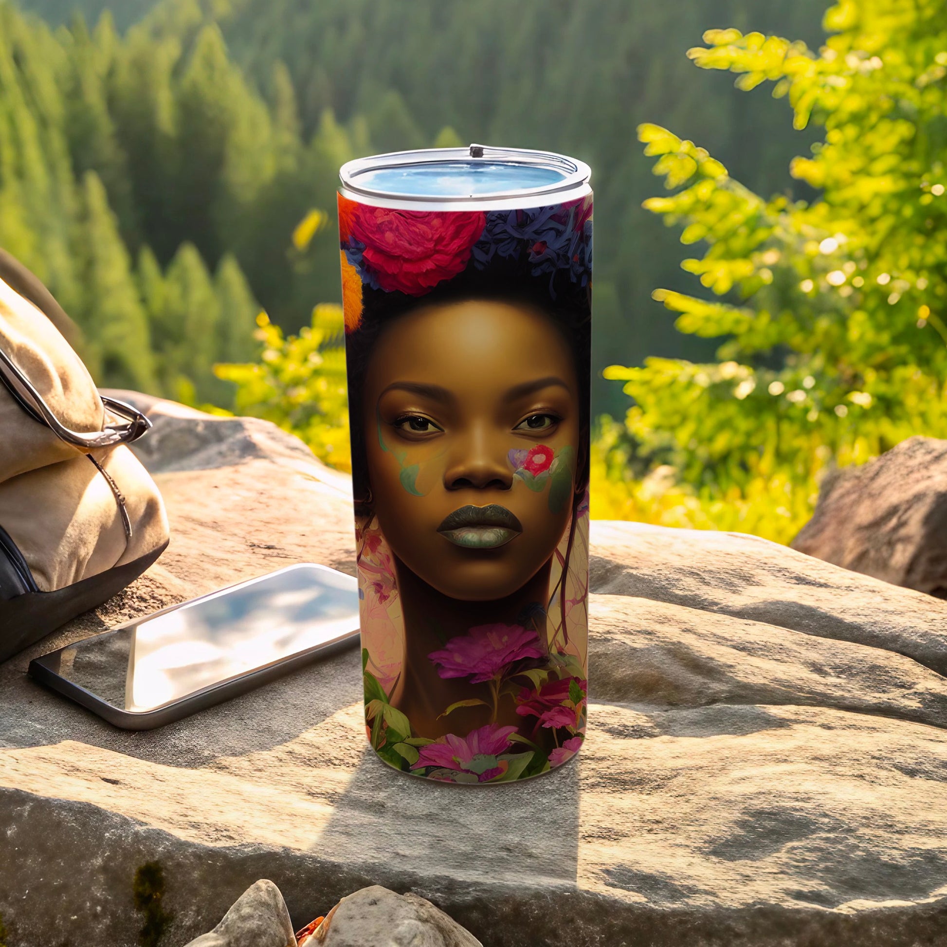 Tumbler featuring a woman with floral face paint and a flower crown.