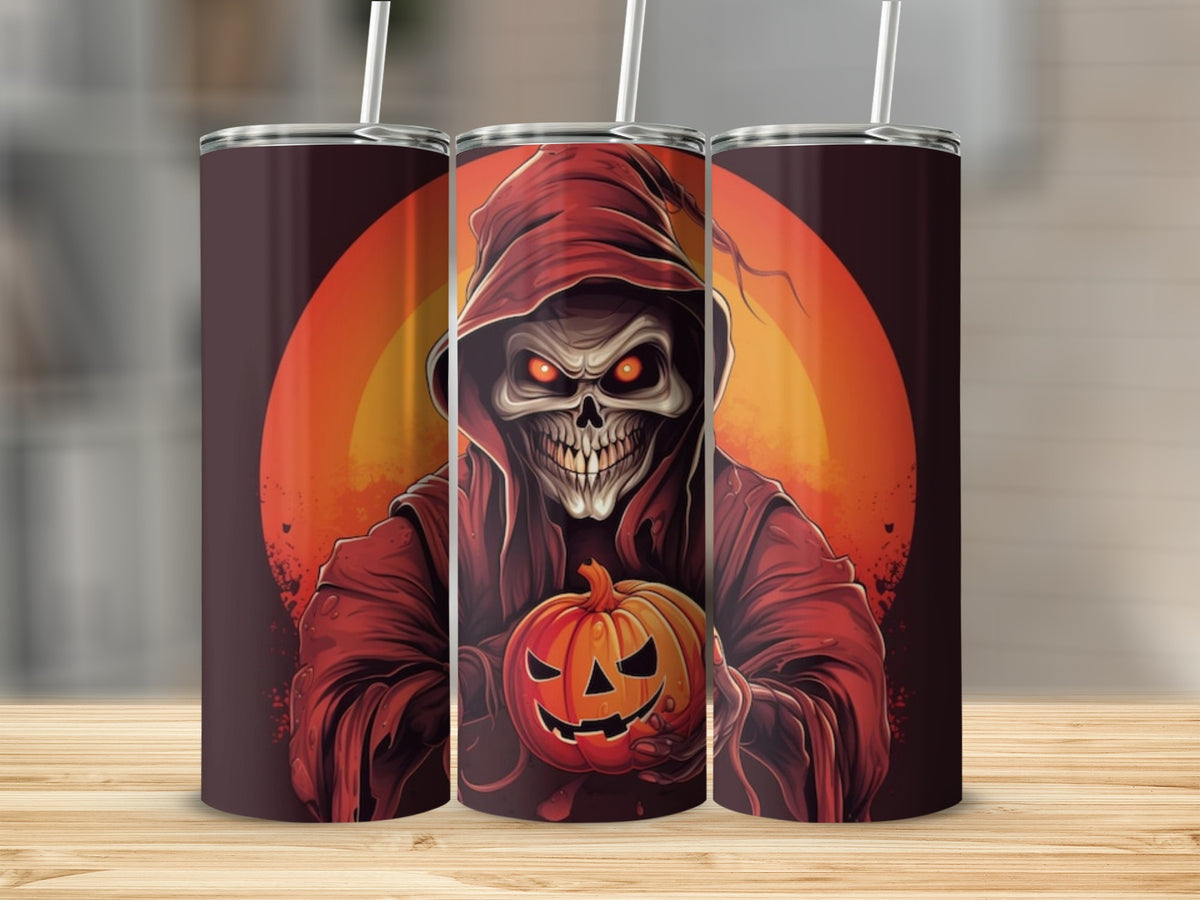 Grim reaper in a red robe holding a jack-o'-lantern against an orange moon background.