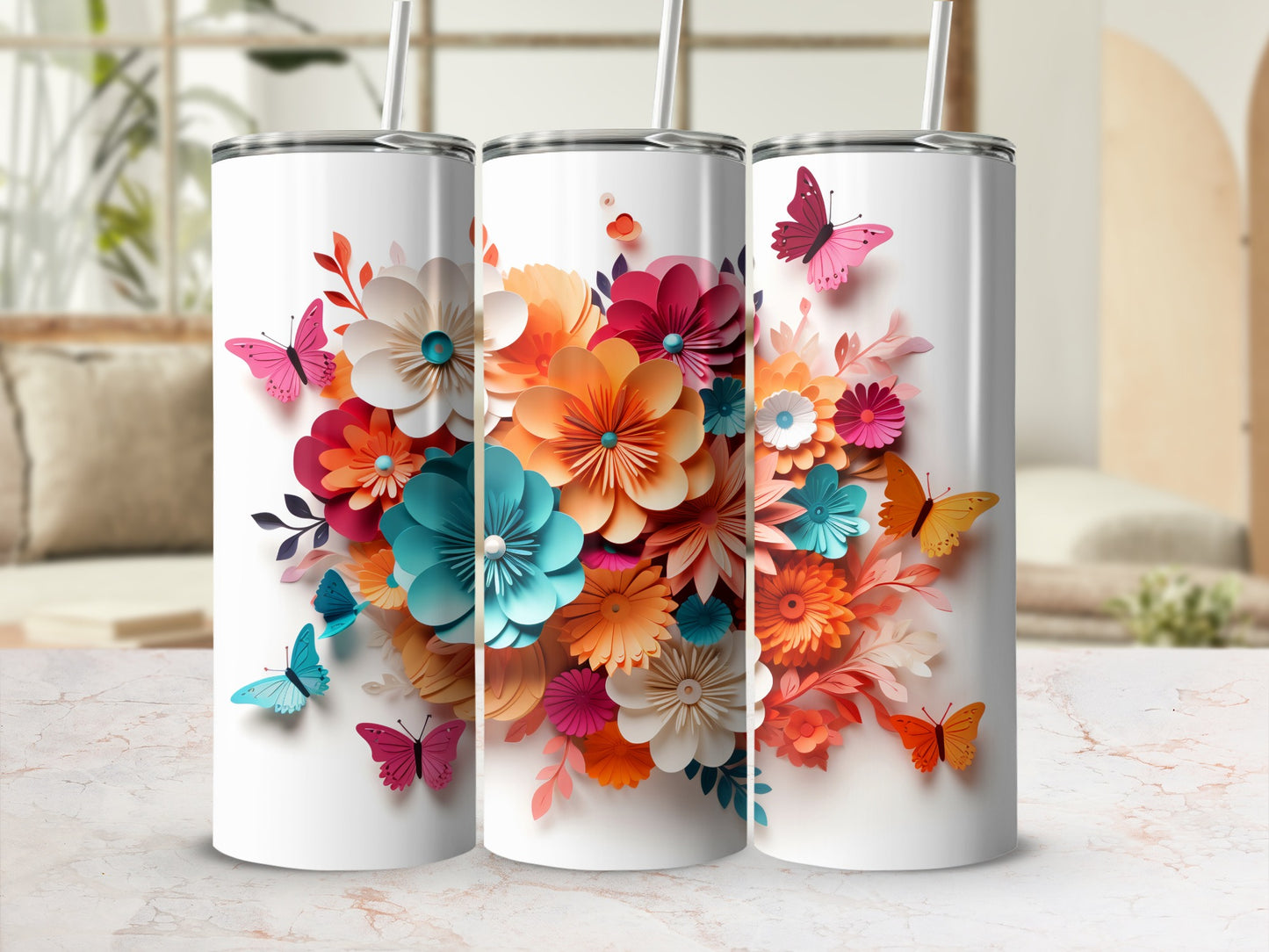 Floral and Butterfly Design Tall Drinkware Set