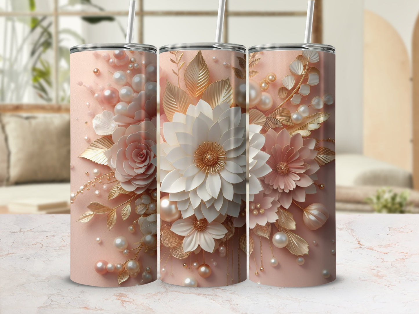 Pink floral tumbler with pearl and gold accents.