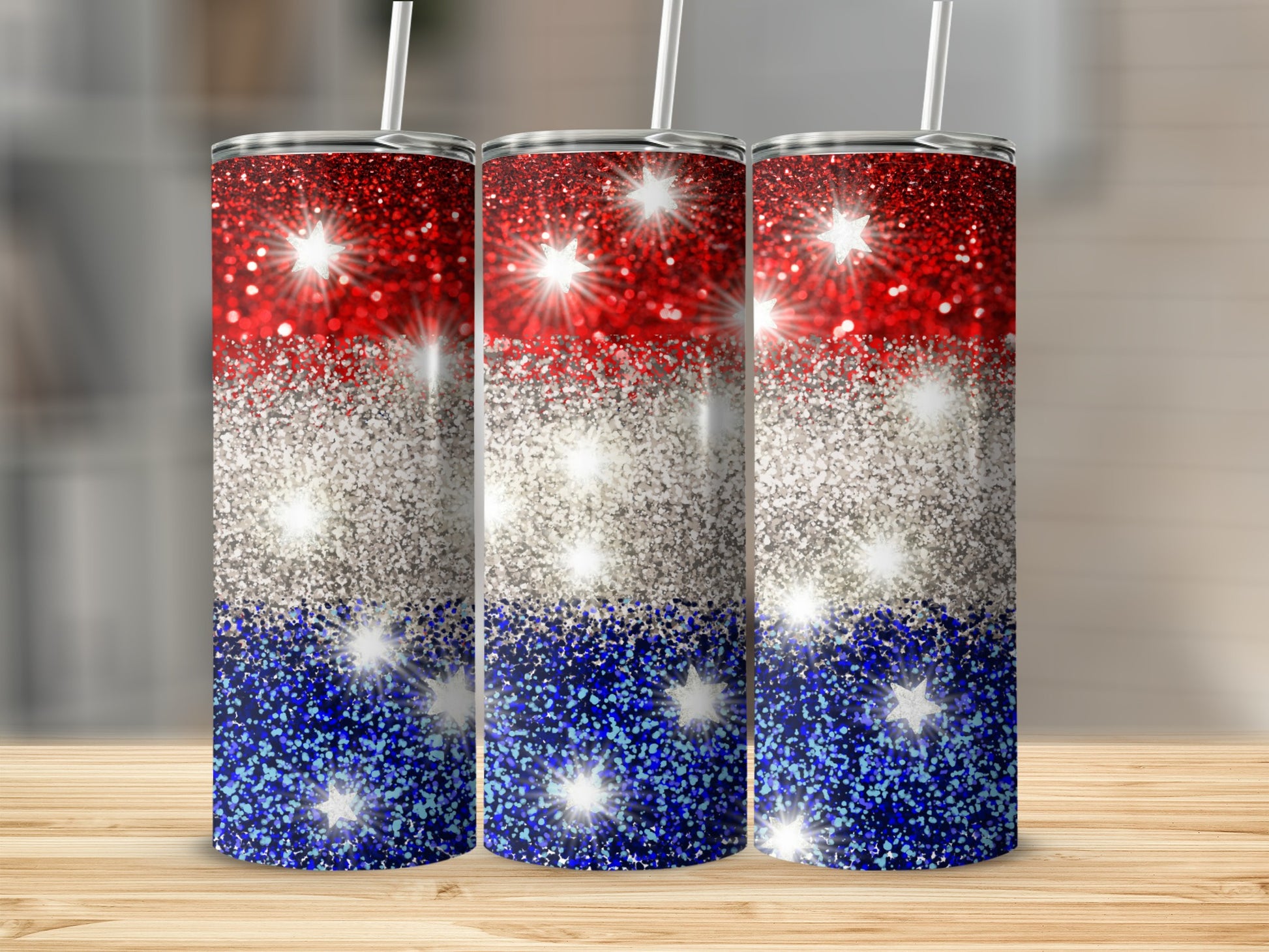 Glittery patriotic tumbler with red, white, and blue stripes and white stars.
