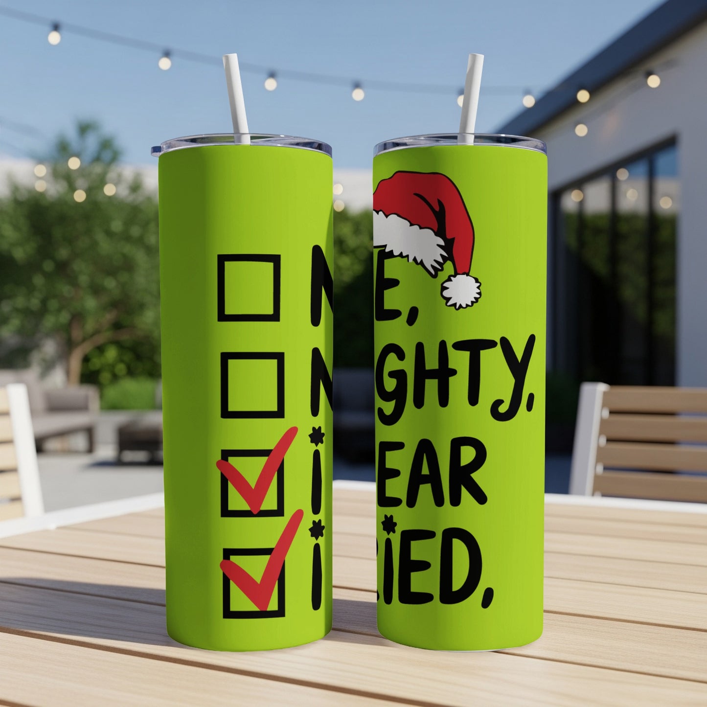 Green tumbler with "Naughty, Nice, Gear" list and red checkmarks.