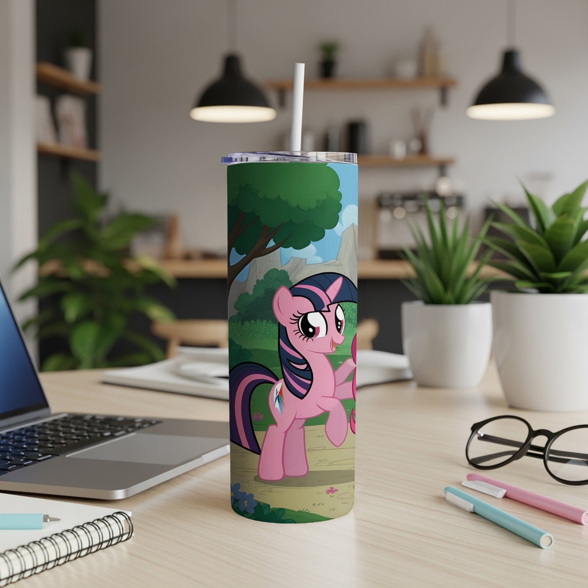 Pink My Little Pony Twilight Sparkle on a tumbler with a straw.