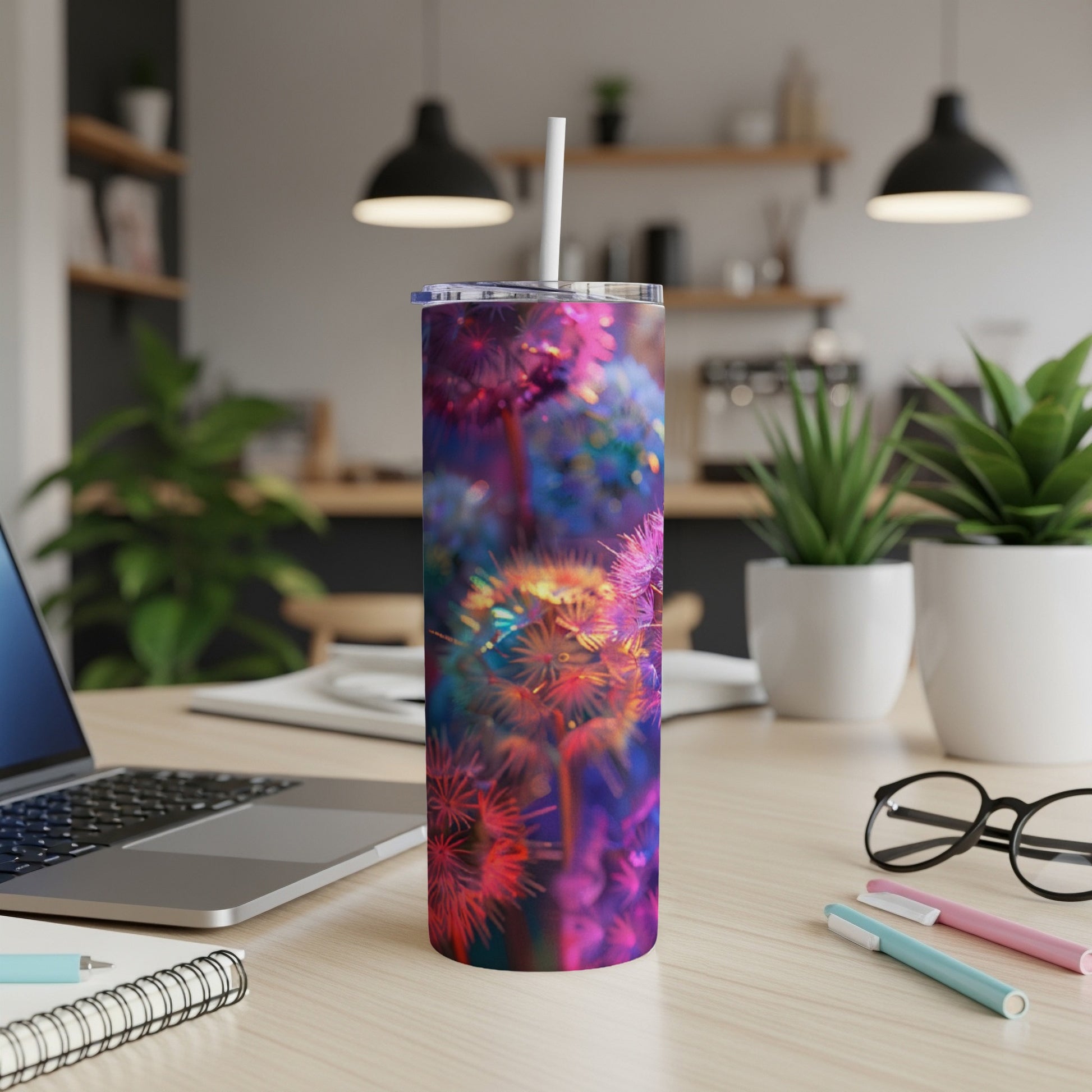 Tumbler with colorful dandelion seed head pattern on a desk.