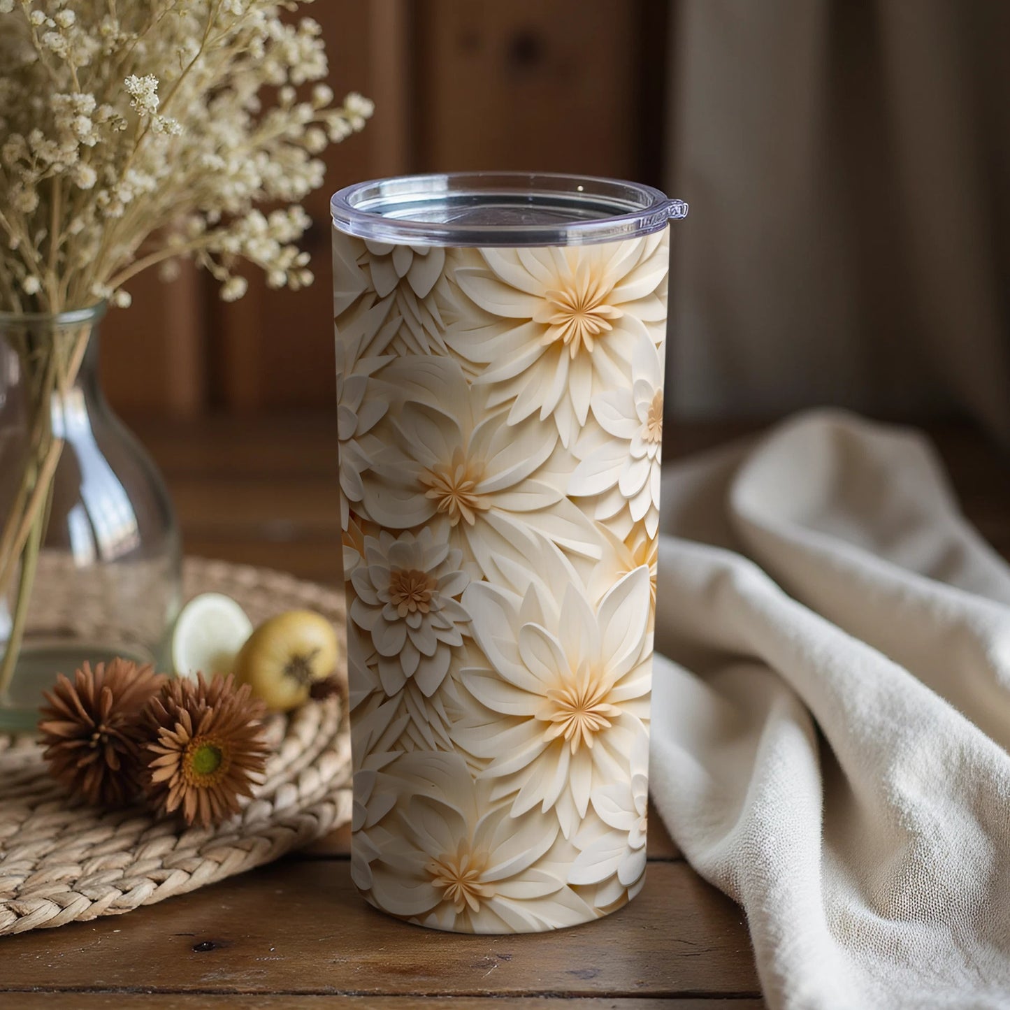 Elegant Beige Floral Insulated Travel Tumbler