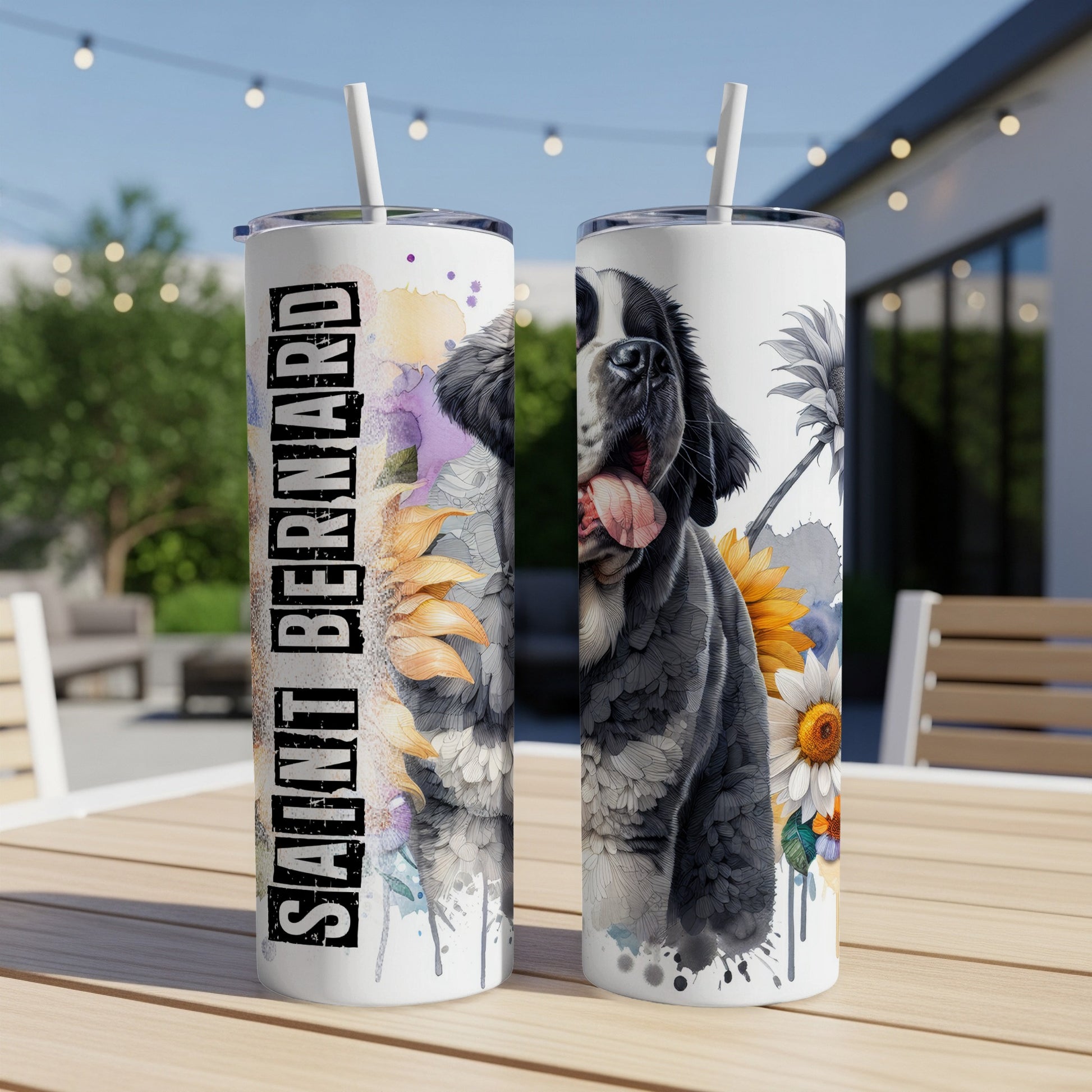 Saint Bernard dog illustration with sunflowers on a white tumbler.