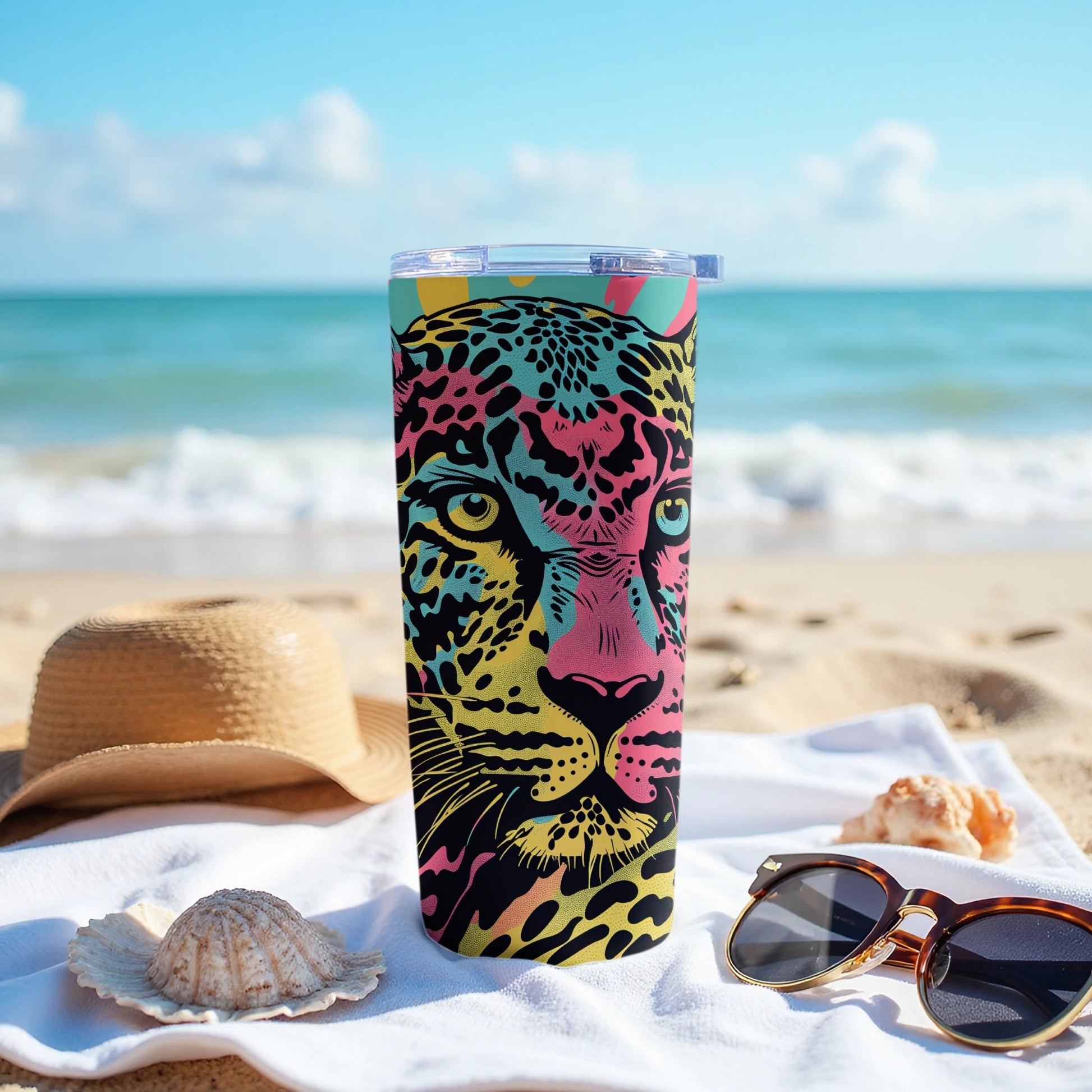 Vibrant Pop Art Jaguar Face Design Travel Tumbler product type
Tumbler, Travel Tumbler, Jaguar Design, Pop Art, Vibrant Print, Colorful Drinkware, Animal Face, Leopard Art, Wild Cat, Insulated Bottle, Graphic Tumbler, Beach Accessory, Summer Vibes, Unique Gift, Artistic Style, Pink Yellow Teal, Big Cat Lover, Drink Bottle, Patterned Tumbler, Tropical Design
