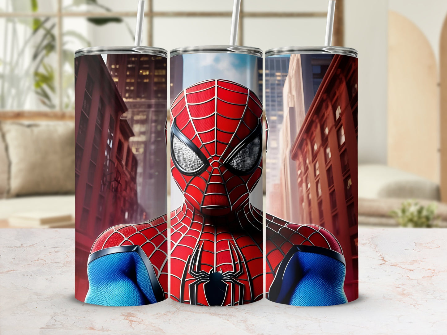 Spiderman tumbler with city buildings in background.