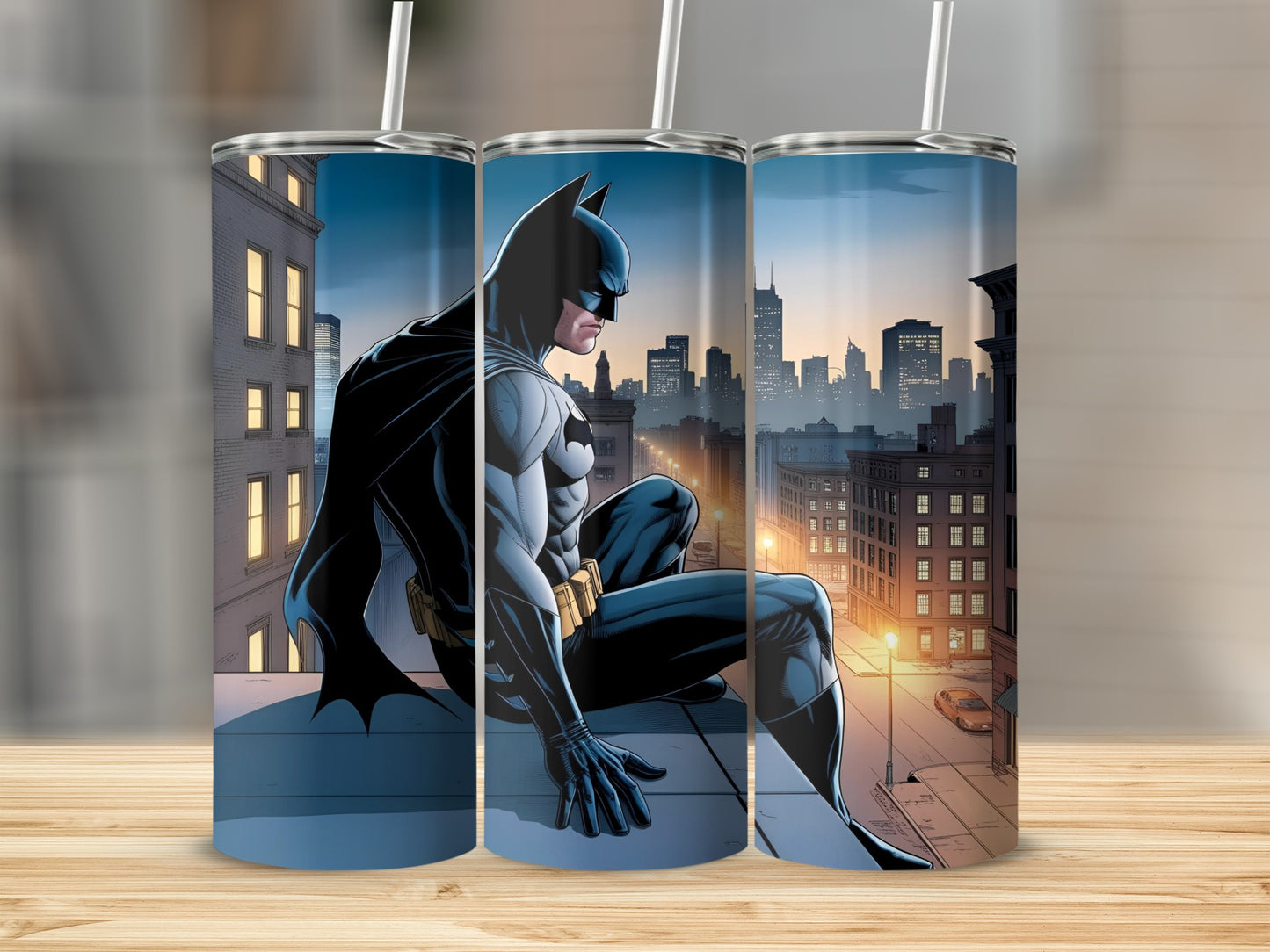 Batman sitting on a rooftop overlooking a city skyline.