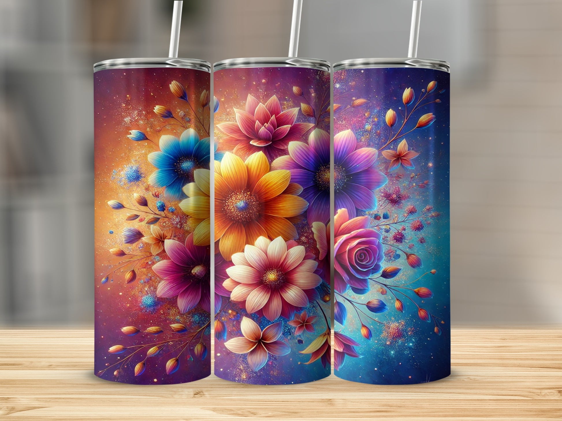 Colorful Floral Tall Tumblers with Straws Tumbler