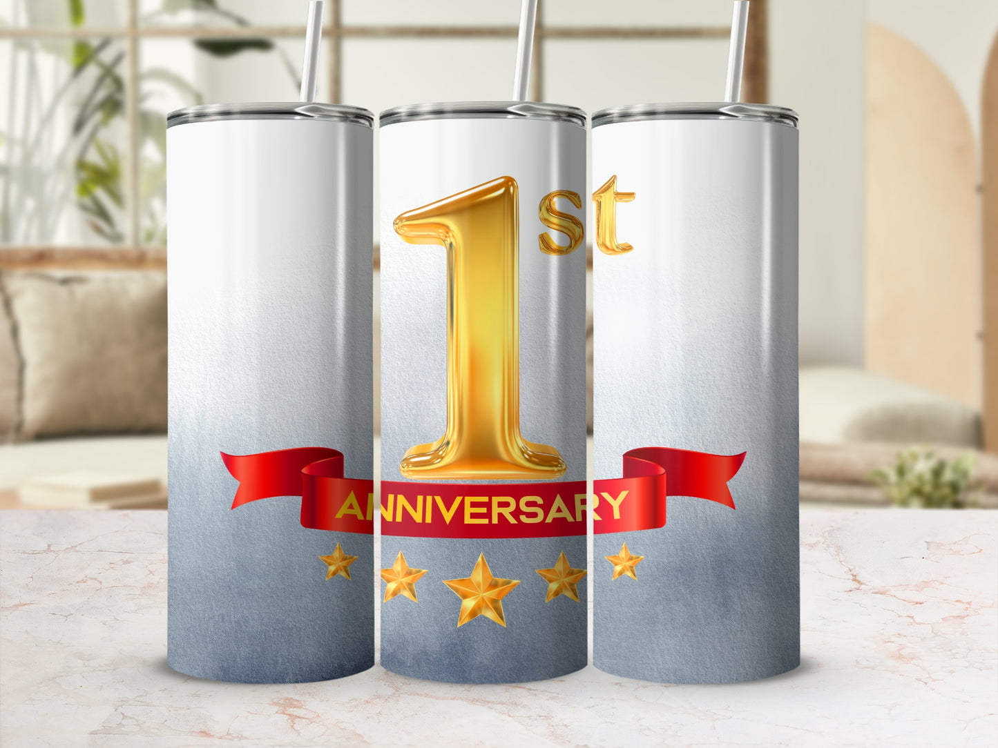 Three tumblers with "1st Anniversary" text and gold stars on a textured background.