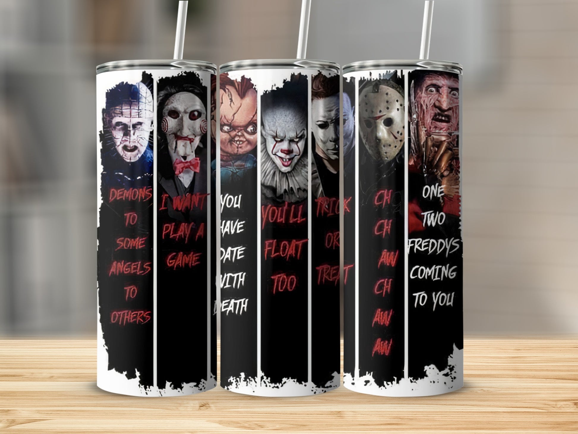 Horror movie villains on a tumbler with quotes, including Freddy, Jason, and Pennywise.