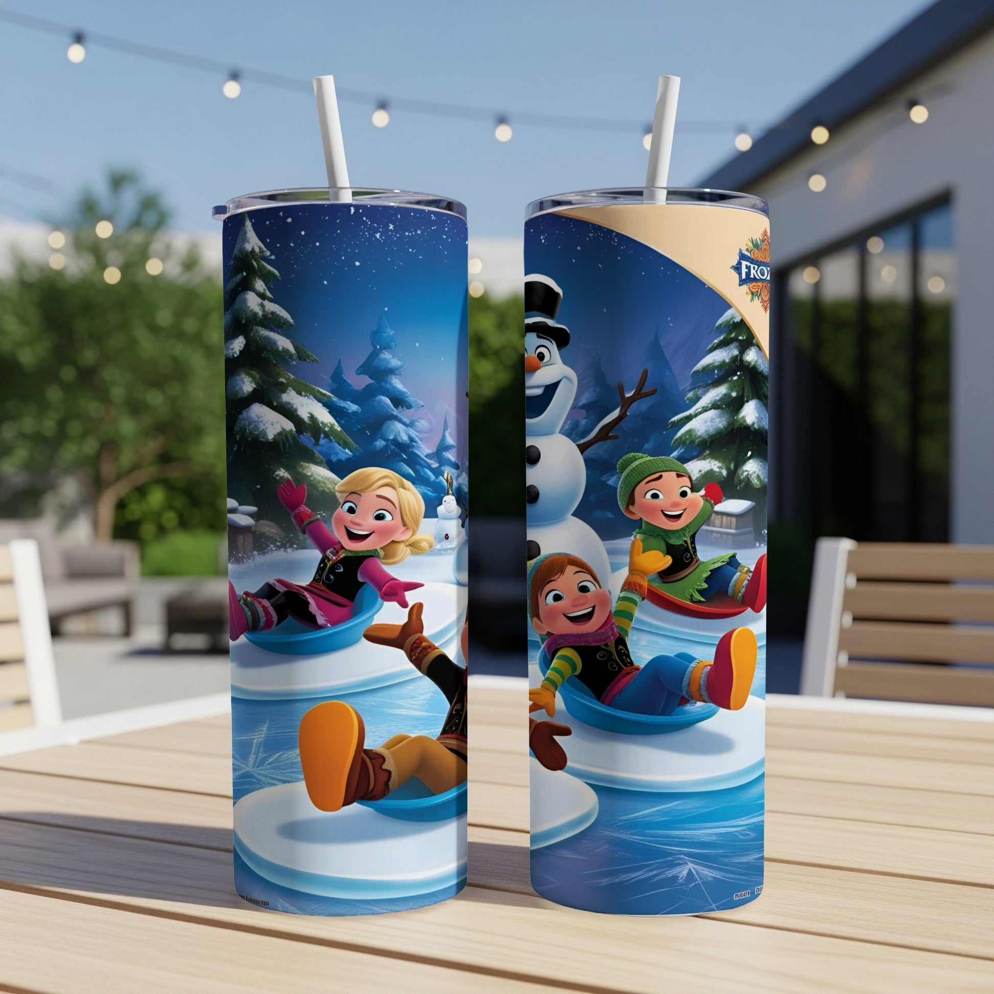 Two Frozen-themed tumblers featuring Elsa, Anna, Olaf, and Kristoff sledding.