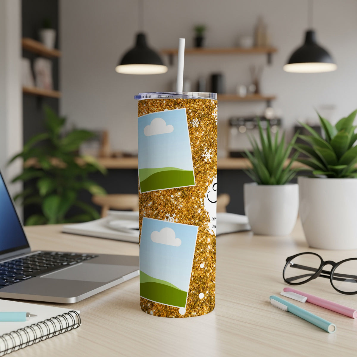 Gold glitter tumbler with photo placeholders, snowflakes, and text.